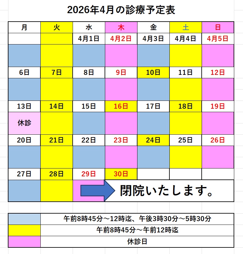 2026/4月診療予定 2026/4月診療予定